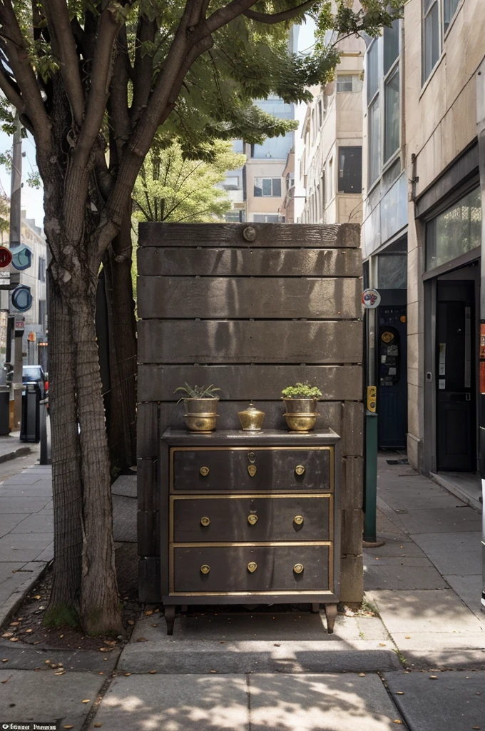 "An ordinary urban sidewalk on a clear day, with gray buildings in the background and some trees along the street. Everything seems calm and everyday. in the middle of the sidewalk, Unexpectedly, there is a large ancient chest, decorated with golden details and semi-open, revealing an intense and mysterious glow coming from within. Pedestrians pass by, some casting curious glances at the trunk. This surprising element creates an intriguing contrast to the ordinary urban setting."

