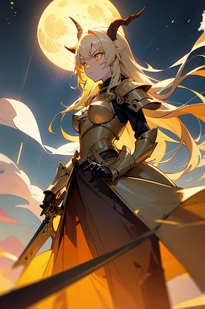 1girl,18s,horns,long hair,cathyl hair,light blonde hair,gold armor,flying,holding a sword,yellow eyes,serious,Ray Light Glow Lens Flare,((night,night sky,full moon