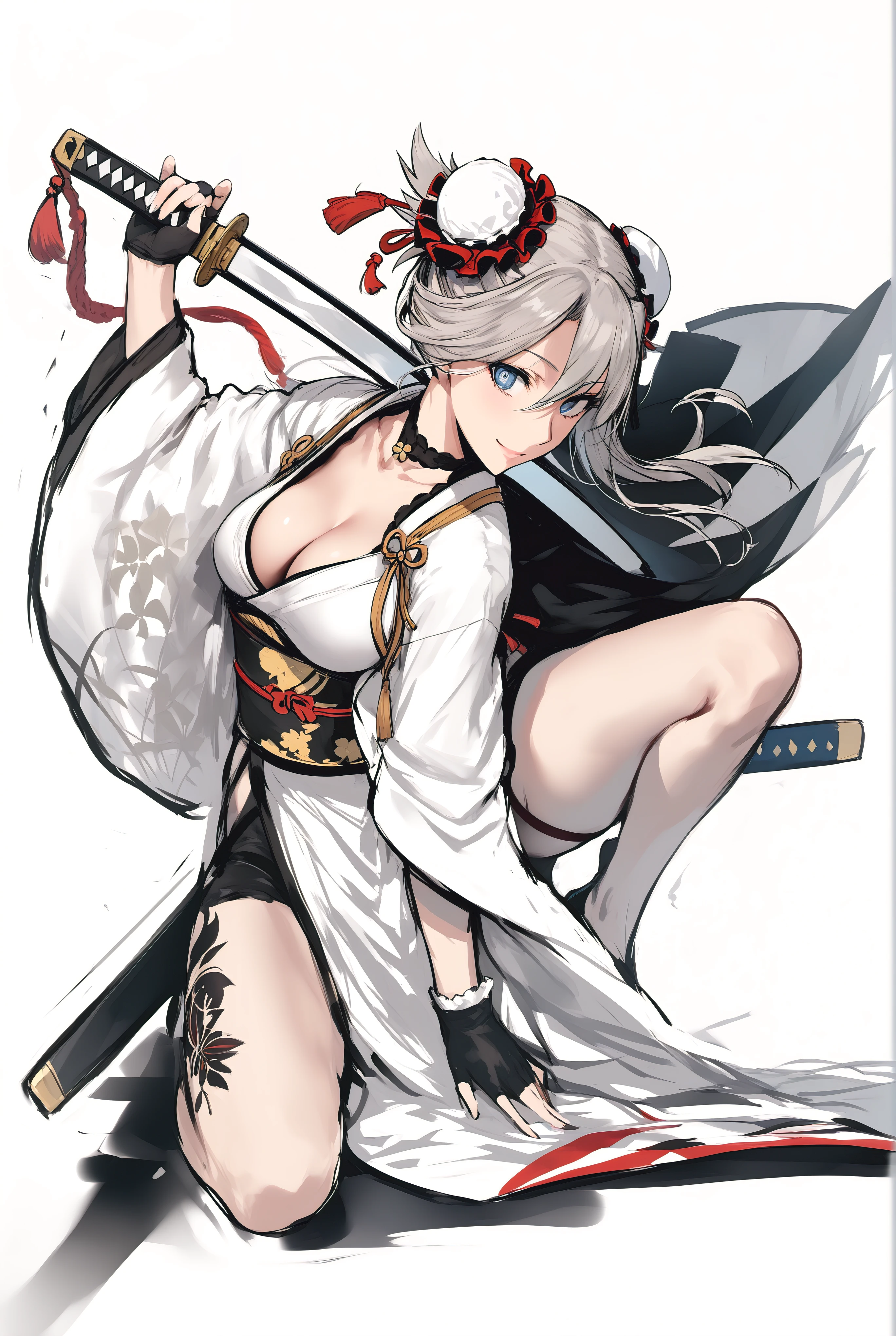 (hews art style:0.7), score_9, score_8_up, score_7_up, score_6_up, uncensored, miyamoto_musashi_(fate/grand_order), blue_eyes, hair_ornament, silver_hair, fold, BREAK (masterpiece:1.2), best quality, high resolution,(detailed eyes:1.3), perfect lighting,(perfect hands, perfect anatomy), large breasts, seductive smile, hollow eyes, 1girl, solo, rating:safe, cleavage, sword, choker, gloves, fingerless_gloves, sketch, one_knee, kneeling, japanese_clothes, kimono, katana,