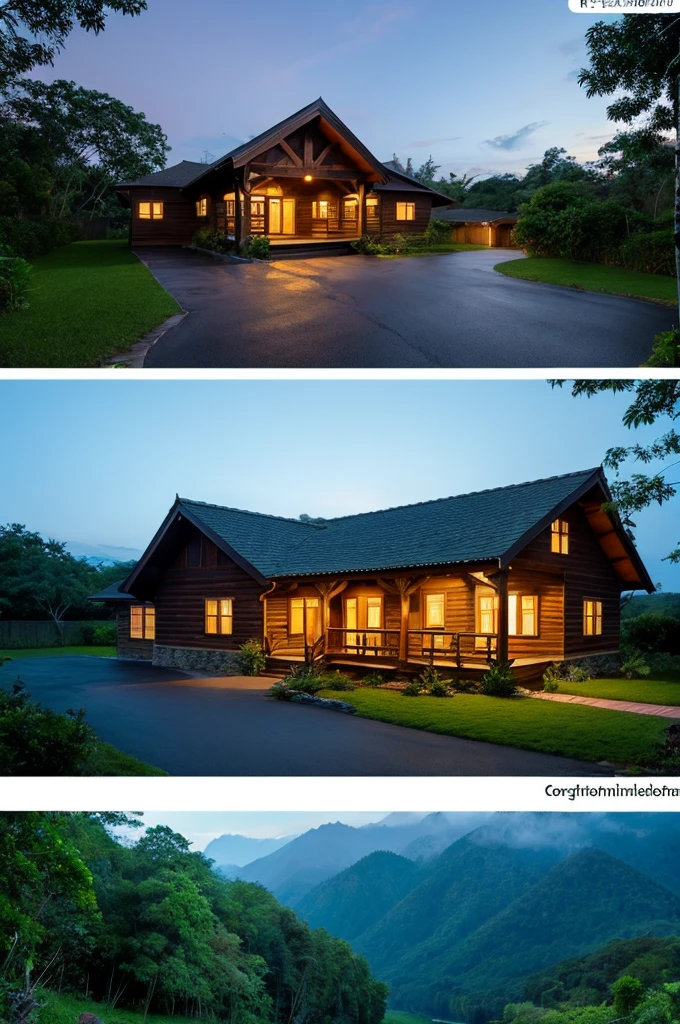 (A rustic wooden house:1.3) in a rainforest and a small lake in front of the house with a small wooden bridge between the house and the other side. Uma nevoa densa da manha espalha pela cena. The sun is rising behind the forest, fazendo que os raios atravessem as folhas e galhos. Octane render, 8k