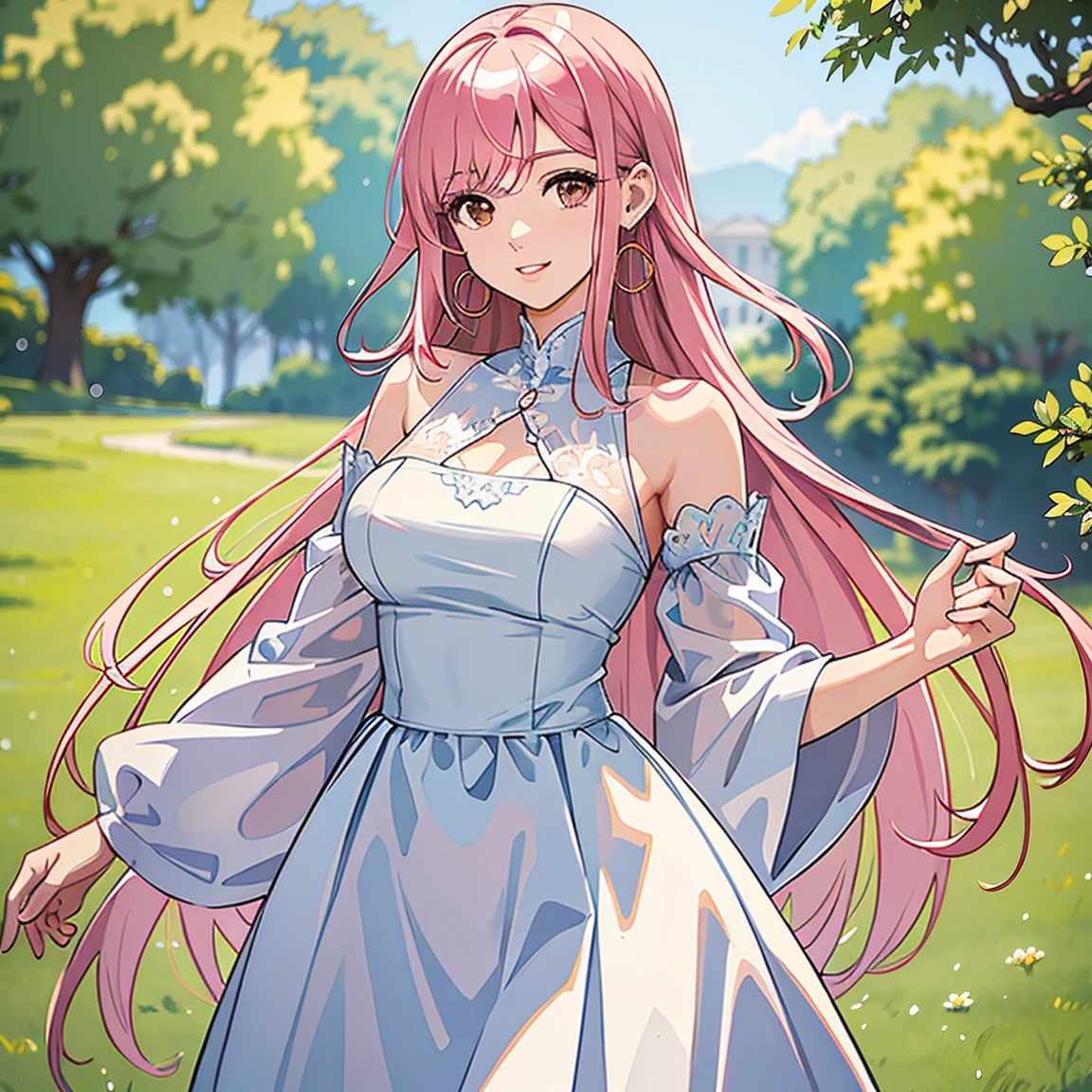 (masterpiece, high quality, best quality, 4k, 8k:1.4), 1girl, solo, pink hair, brown eyes, double-parted bangs, long hair, (mature female, mature:1.2), mole under eye, hoop earrings, white blouse, brown skirt, detailed face, beautiful detailed eyes, beautiful detailed lips, extremely detailed face, long eyelashes, intricate details, soft lighting, soft color pallette, perfect anatomy