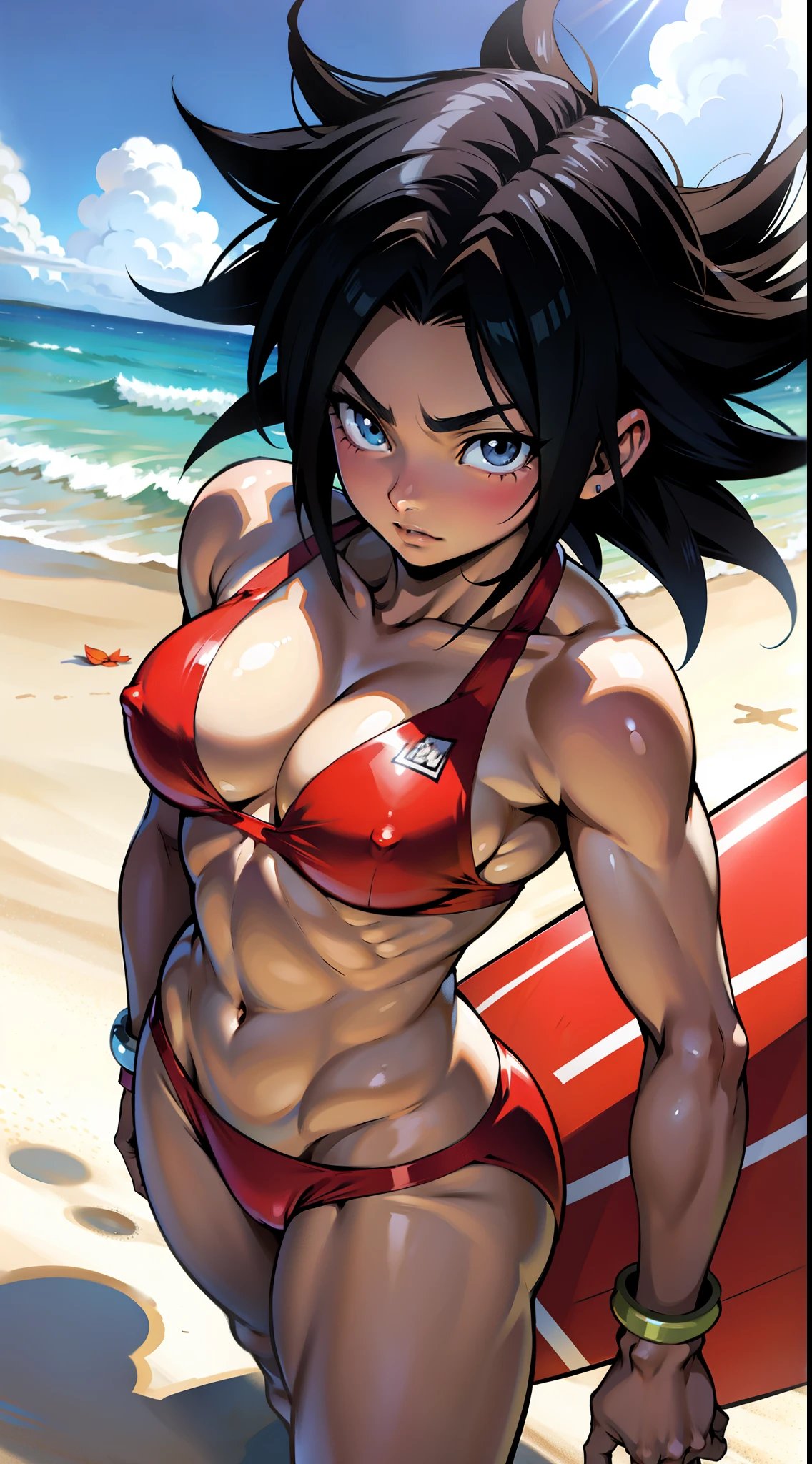 アニメ cel-shading Kefla, bikini, on the beach in ((anime + manga + comics + cartoon) style)