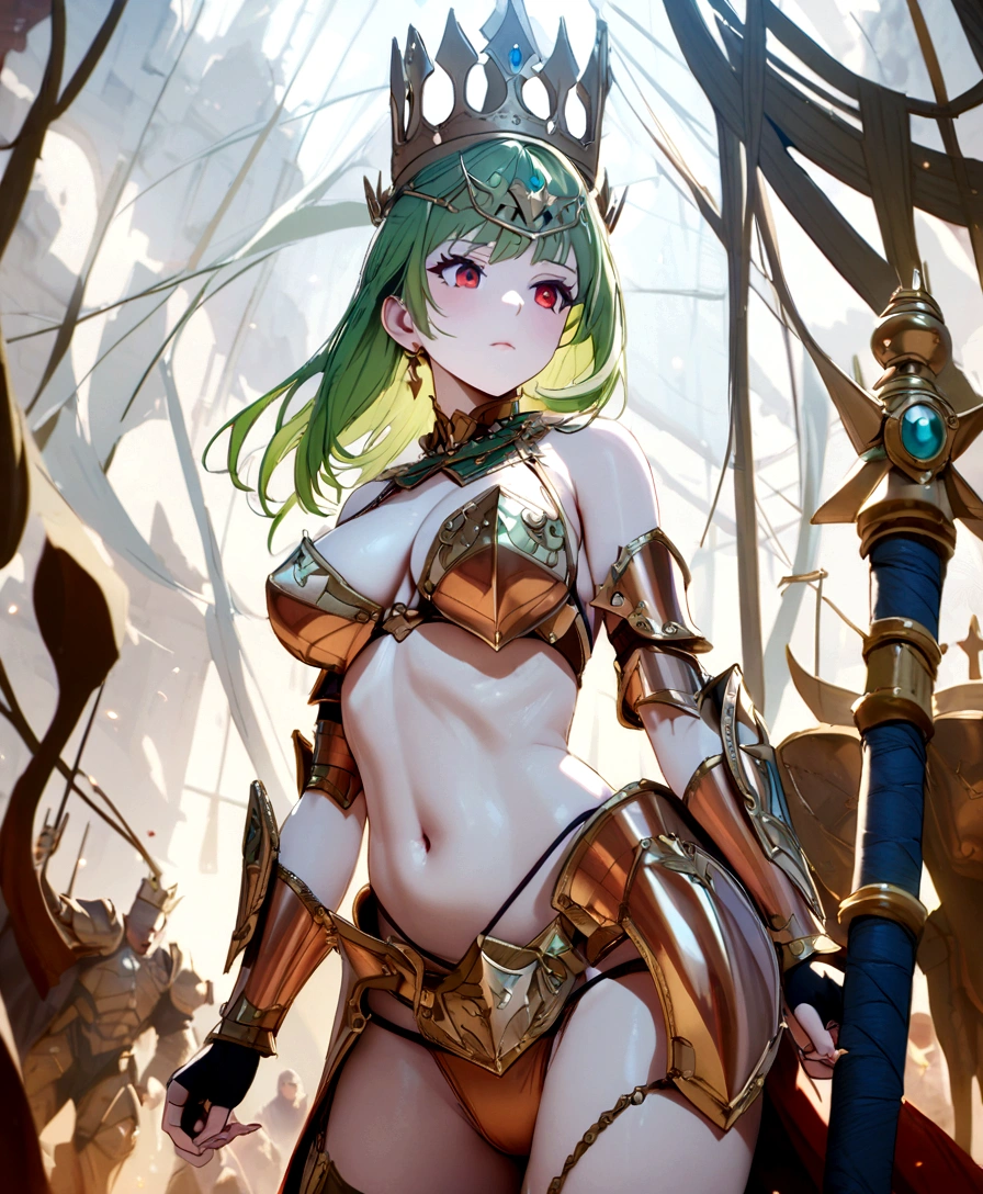 Copper bikini armor, copper crown, bare belly, big breasts, green hair, red eyes, bikini armor, copper