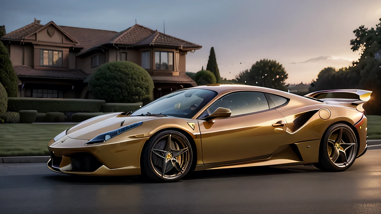 Creates a young man impressed that there is a shiny golden Ferrari car parked next to him, Pixar Style, in a fantastical sunset, in the background a white mansion