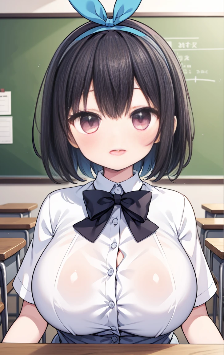 (Pieces fly, Highest quality, High resolution, Ticker, Pixel perfect, Depth of written border, In 4K),
1 Girl, alone, , Beautiful Anime Girls,
View your viewers,
Perfect body,
short hair, Black Hair, Pink Eyes,
smile, Open your mouth, blush,
JK Huge , White shirt, big , Blue Ribbon,
classroom,
throw, Close-up shot, Headband