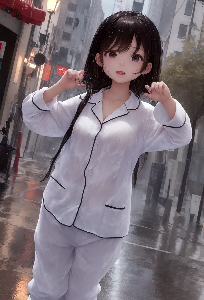 (masterpiece)(best quality) 1girl, cute, little, big head, anime, dancing in the rain, on the street, outdoor, hard rain, water splash, wet clothes, wide angle, wearing pajamas, (animal picture in pajamas) (accurate), rainy street, puddle water