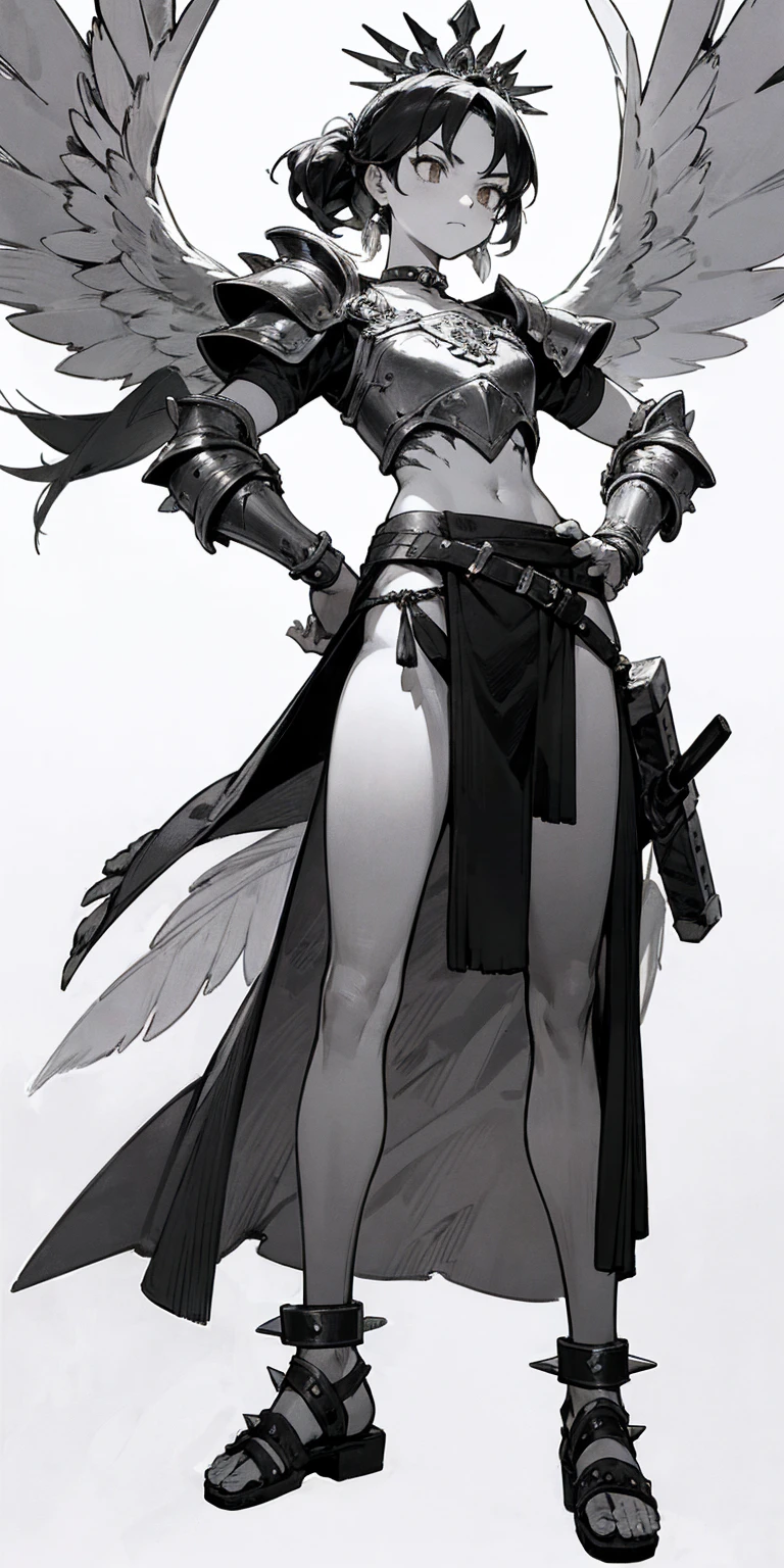 Subject:
1 Solo Female Gladiator
Pose:
Full body, whole body
Standing tall, hands on hips (conveying confidence)
Feet together, conveying a strong stance
View from slightly below, emphasizing her power
Clothing and Armor:
Loincloth (detailed and well-crafted, showcasing her warrior status)
Metal sandals, sturdy and battle-worn
Leather choker, adorned with a gladiator emblem or small spikes (optional)
Big belt, holding additional weapons or pouches (optional)
Bracers on forearms, for protection
Jewelry:
Tiara (can be simple and battle-ready, or adorned with feathers or gladiator symbols)
Additional Details:
Strong, defined muscles
Determined expression on her face
Optional: scars or other battle marks that tell a story of her victories