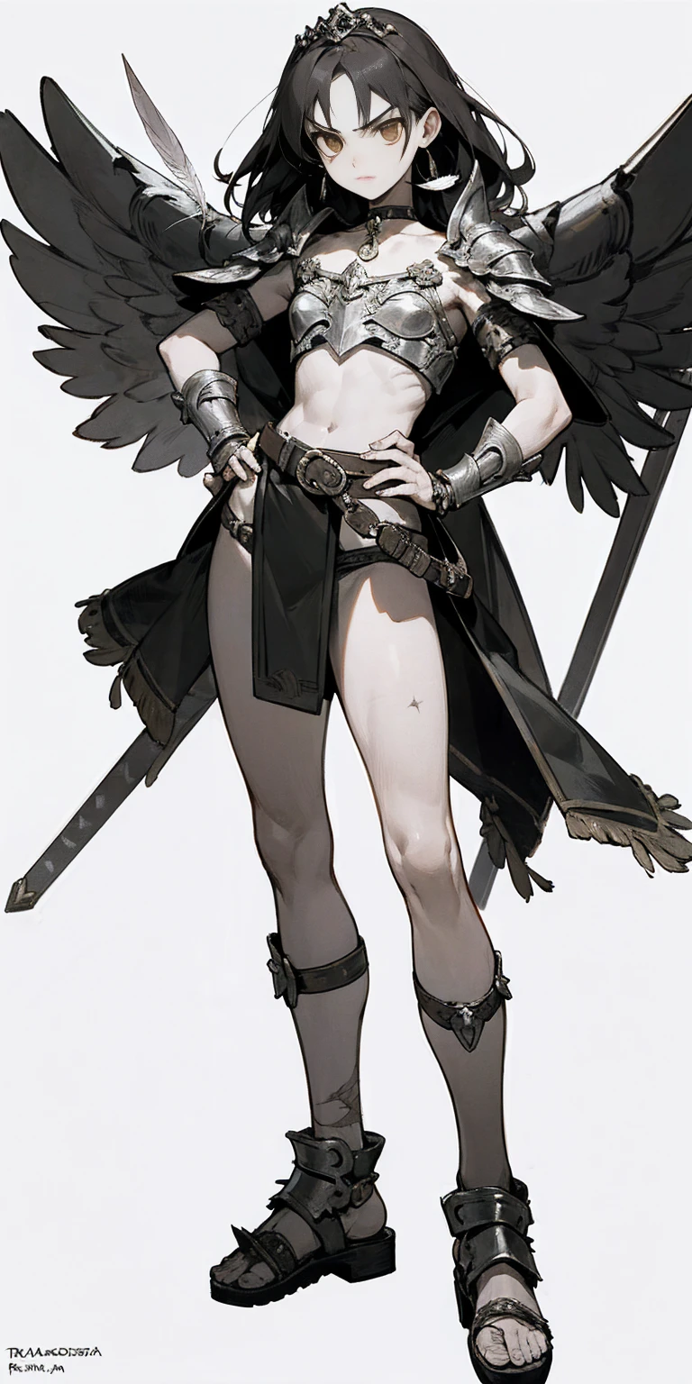 Subject:
1 Solo Female Gladiator
Pose:
Full body, whole body
Standing tall, hands on hips (conveying confidence)
Feet together, conveying a strong stance
View from slightly below, emphasizing her power
Clothing and Armor:
Loincloth (detailed and well-crafted, showcasing her warrior status)
Metal sandals, sturdy and battle-worn
Leather choker, adorned with a gladiator emblem or small spikes (optional)
Big belt, holding additional weapons or pouches (optional)
Bracers on forearms, for protection
Jewelry:
Tiara (can be simple and battle-ready, or adorned with feathers or gladiator symbols)
Additional Details:
Strong, defined muscles
Determined expression on her face
Optional: scars or other battle marks that tell a story of her victories