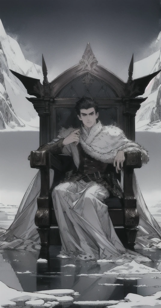 ((Masterpiece)),((best quality)),((Highly detailed)),((realistic,)) Very detailed), (Masterpiece), (best quality), (วอลล์เปเปอร์ 8k ที่มีรายVery detailed),Masterpiece,best quality,มีรายVery detailed,complicated,1 man,handsome faceสมบูรณ์แบบ,muscular man,detailed face,mischievous face,blue eyes,Open your eyes.,reflection of the eyes,Open your eyes., look at viewer,Manly,short hair|ผมblackชุดเจ้าชายblack,(crystal throne((white))glittering),dynamic poses,Dramatic angle,movie light,surrounded by snow, Masterpiece,Very detailed,Sitting on the ice throne((large size))white((white)), (บัลลังก์white), เก้าอี้white , Fantasy, Realistic photos, hyperrealism, Highly detailed, movie light, ผู้ชายชุดเกราะblack,fur cover((black)),ผ้าคลุมblack,ผ้าคลุมblack,Face details, sharp details,คิ้วเรียวblack,handsome face, short hairblack, blue eyes,have muscles, handsome faceเหลา, Sit on the throne., พลังน้ำแข็งwhite, snow power, ฉากหิมะwhiteรอบๆ
