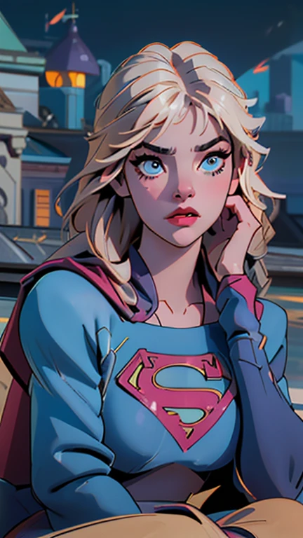 a supergirl sitting on a rooftop building, lost in deep thought, looking at the city, beautiful detailed eyes, beautiful detailed lips, extremely detailed face, long eyelashes, beautiful detailed costume, dynamic pose, cinematic lighting, epic cityscape, moody atmosphere, dramatic shadows, vibrant colors, photorealistic, 8k, best quality, hyper detailed, masterpiece