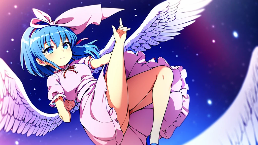 masterpiece, best quality, 1girl, , , ************, medium blue hair, hair flaps, pink ribbon on head, well-formed face, blue eyes, angel girl, white blouse, puffy short sleeves, red ribbon, angel wings, long white skirt, red shoes, frills, ribbon head