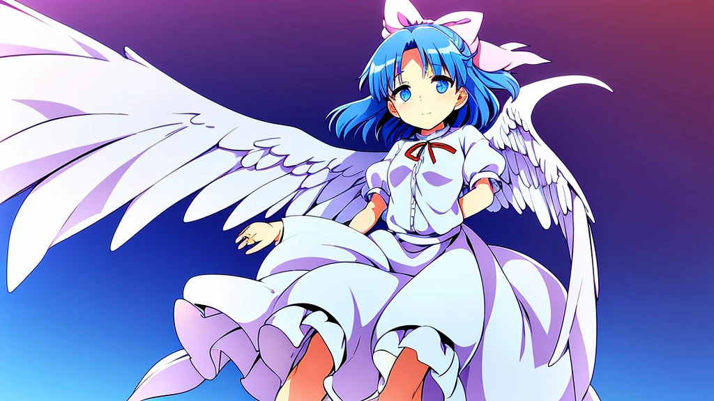 masterpiece, best quality, 1girl, , , 10 years old, medium blue hair, hair flaps, pink ribbon on head, well-formed face, blue eyes, angel girl, white blouse, puffy short sleeves, red ribbon, angel wings, long white skirt, red shoes, frills, ribbon head