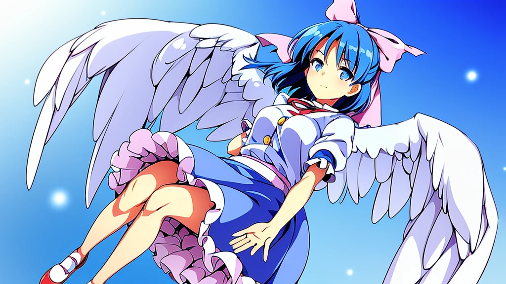 masterpiece, best quality, 1girl, , , 10 years old, medium blue hair, hair flaps, pink ribbon on head, well-formed face, blue eyes, angel girl, white blouse, puffy short sleeves, red ribbon, angel wings, long white skirt, red shoes, frills, ribbon head