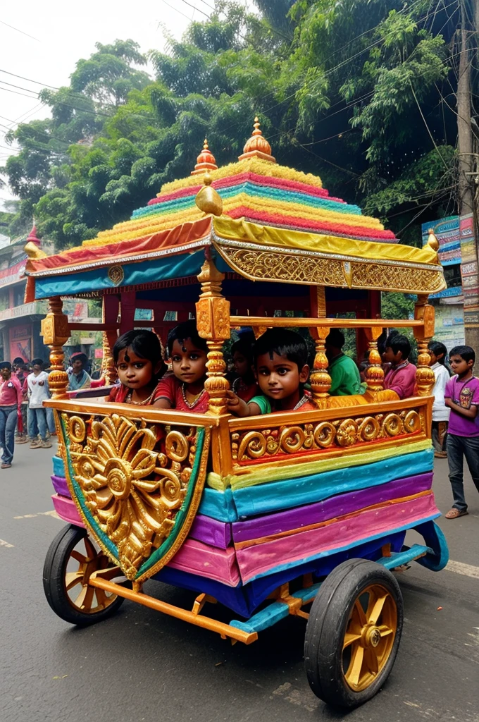 Chilldren pull a colorful rath(chariot) for the rathyatra festival on village road