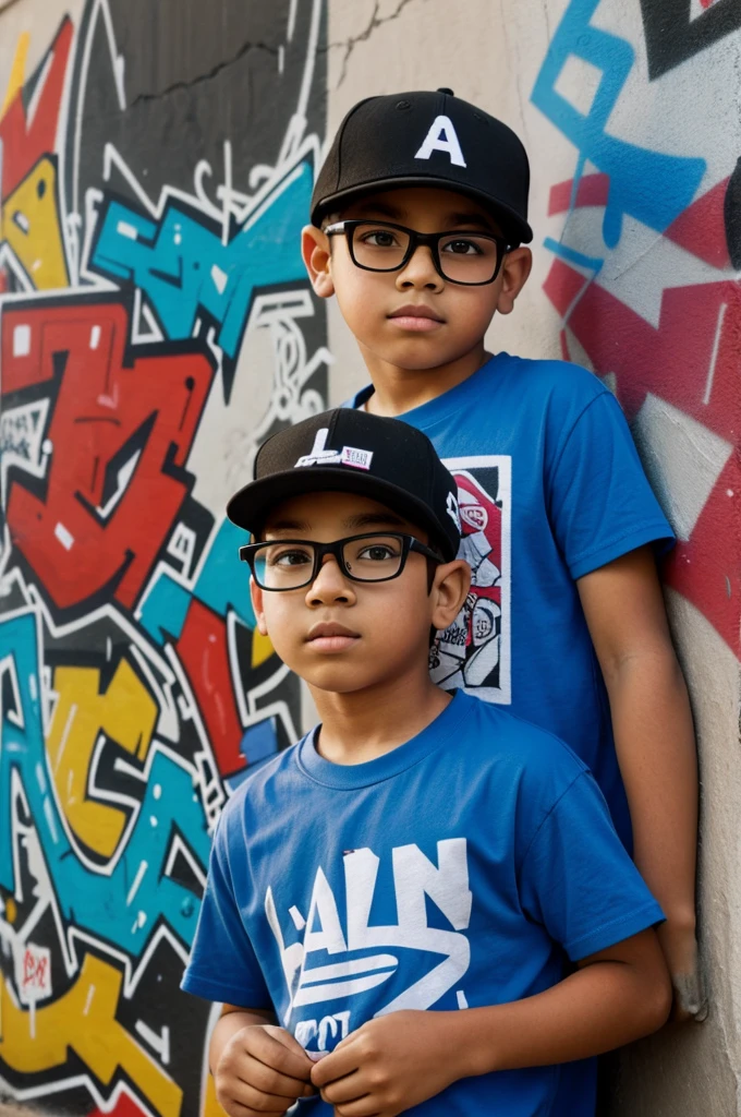 A boy with an L cap. A and a Chicano shirt with glasses and in the background a wall with graffiti