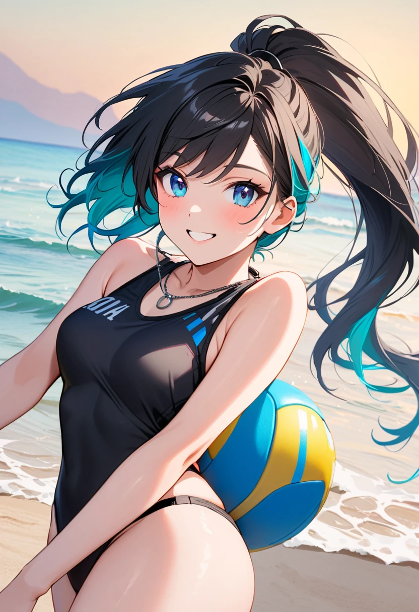 A young woman, 21-years-old, solo, Caucasian, black hair, cyan hair, gradient hair, multicolored hair, ponytail, two-tone hair, blue eyes, cheerful smile, black swimsuit, holding a volleyball, beach, thin silver necklace