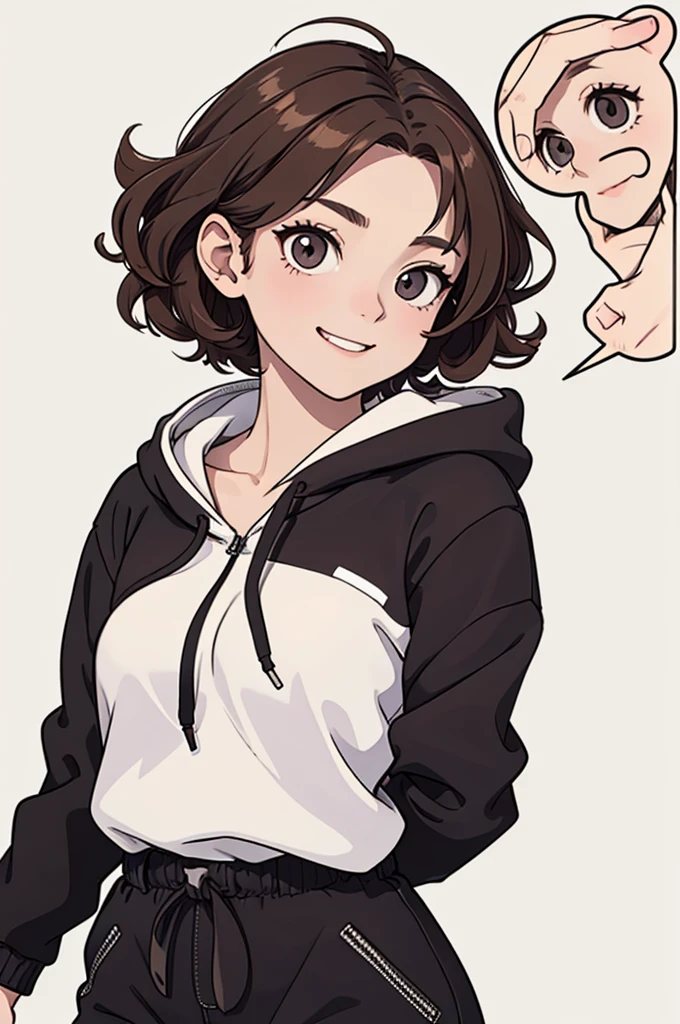 (((masterpiece, best quality, ultra highres, 1 girl, solo, no background))), super detailed skin and face and eyes and finger, beautiful japanese woman, small breasts:1.5, skinny, light brown hair, white background, very short curly pixie hair, (an illustration of girl), Knee shot, Generate with illustrations, Various expressions, Various poses, Please draw the entire character within the frame, ensuring that the head, arms, and legs are not cut off. The background should be simple, with the character positioned centrally, outline, anime, hoodie, laugh,