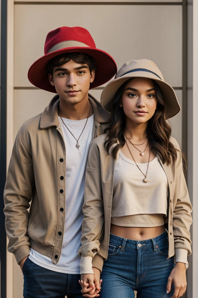 Give me some Disney Pixar characters that are a couple. The boy is hugging the girl in the back and the girl is wearing a beige hat with a red scarf around her neck, she is wearing a white crop top and the boy is wearing a blue hat with a black t-shirt and light beige jacket