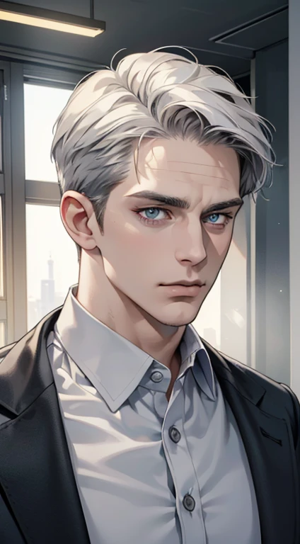 (best quality, masterpiece, 8K, photorealistic, cinematic lighting, hdr image, ultra detailed, beautiful image), 1 man, 31 years old, mature man, very handsome, (without expression, serious), short white hair, blue grey eyes ( penetrating gaze), perfect face without errors, imposing posture, without errors, businessman, office background