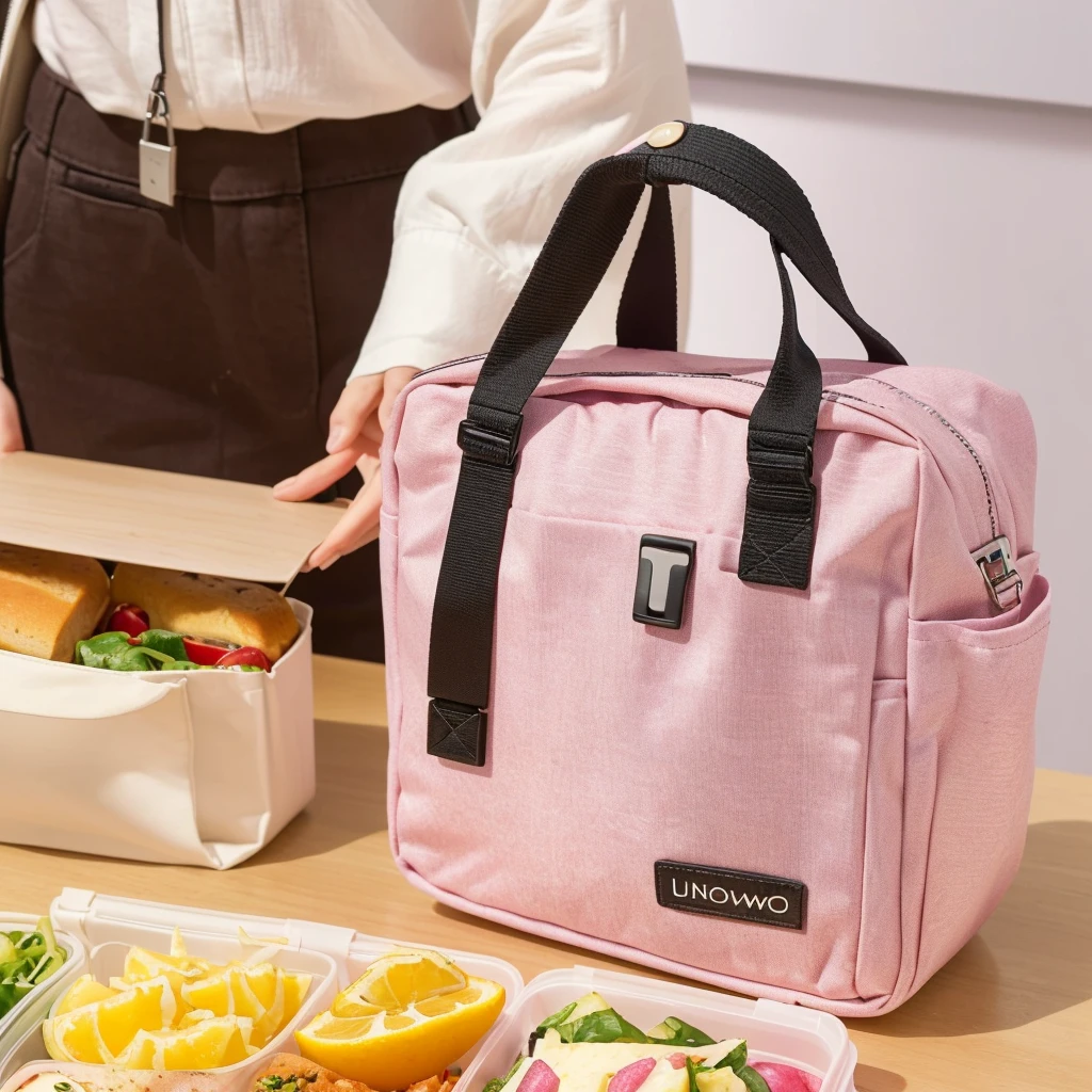 Someone put the lunch bag into the lunch box, Lunch Bag,, The full subject is shown in the photo, (Pink), - Hours 8 5 0 - Afternoon 6 0 0, Cute big pocket hardware, 8L, 8 l, Hours 576, There are two front pockets, the handbag is over a wood table, bl, 2020 fashion