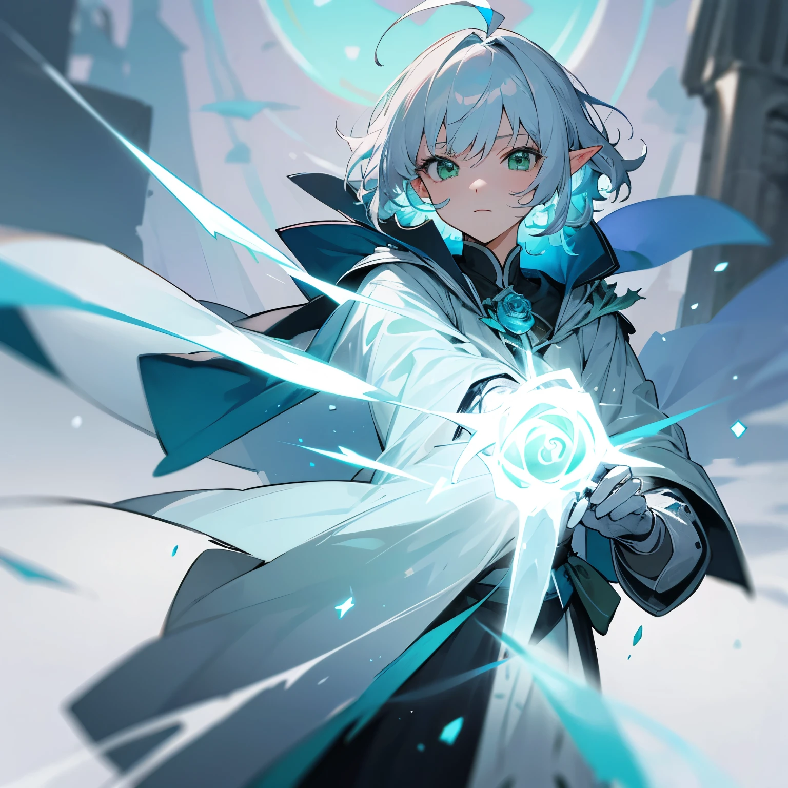 Elf, silver hair,short hair, medium cut, ahoge, curly hair,green eyes,slender, fair skin, robe, cloak, White gloves, blue effect, ice effect, triumphantly,Ice Rose ,magic,green rose,Noble soon, Epic Battle Scene, looking at viewer, 手のひらをこちらに向ける