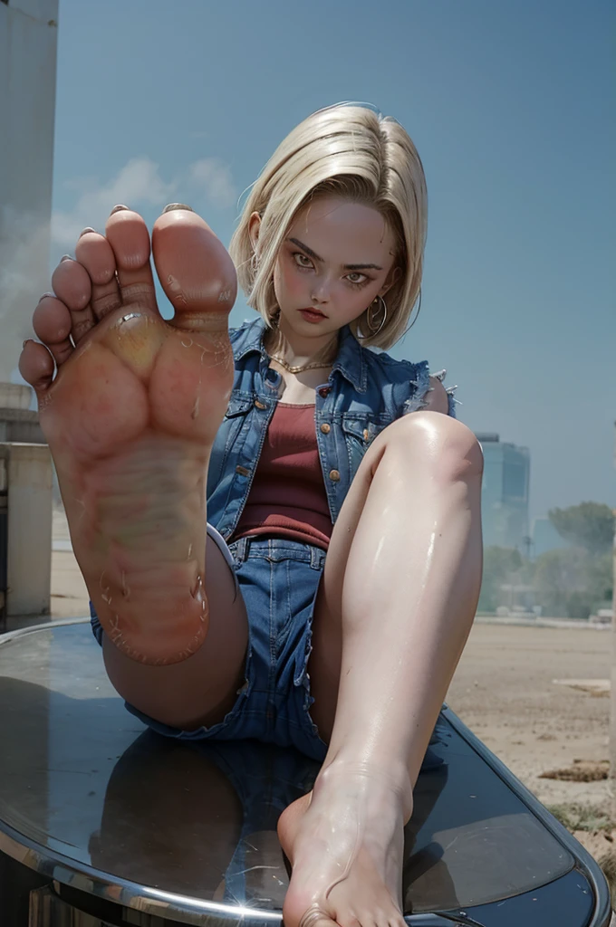 1girl, masterpiece, official art, detailed,best quality, NSFW), (perfect hands, perfect feet), beautiful and aesthetic, (photorealistic:1.4), BREAK, perfect lighting, pov feet, foot focus, footstomp, barefoot, toes, looking at viewer, ((best quality)), outdoor, vagina nude, nude, nude breandroid 18, 1girl, solo, blue eyes, short hair, blonde hair, earrings,jewelry, sleeveless, pants, bracelet, sandals, toeless footwear, dress, red dress,