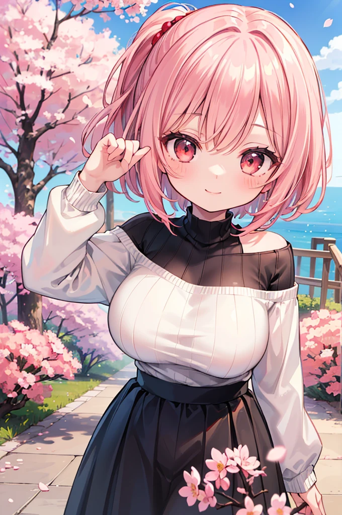 ((Masterpiece)),((high resolution)),((Best Quality)),Anime illustration,(((1girl))),,(wavy hair),(short hair),(pale pink hair color),small ponytail,Red eyes,(Big round eyes),((tareme)),,((loli face)),very big breasts)),Short stature,,Off-the-shoulder sweater,(long maxi skirt),smile,Ladylike,cherry blossoms,