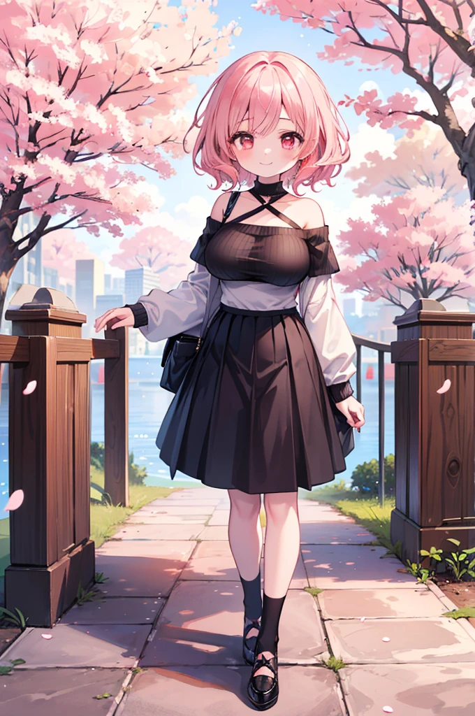 ((Masterpiece)),((high resolution)),((Best Quality)),Anime illustration,(((1girl))),,(wavy hair),(short hair),(pale pink hair color),small ponytail,Red eyes,(Big round eyes),((tareme)),,((loli face)),ry big breasts)),Short stature,,Off-the-shoulder sweater,(long maxi skirt),smile,Ladylike,cherry blossoms,