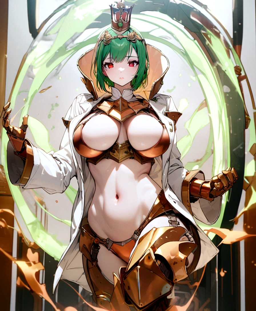 Copper bikini armor, copper crown, bare belly, big breasts, green hair, red eyes, bikini armor, copper, copper automaton, technology, scientist coat