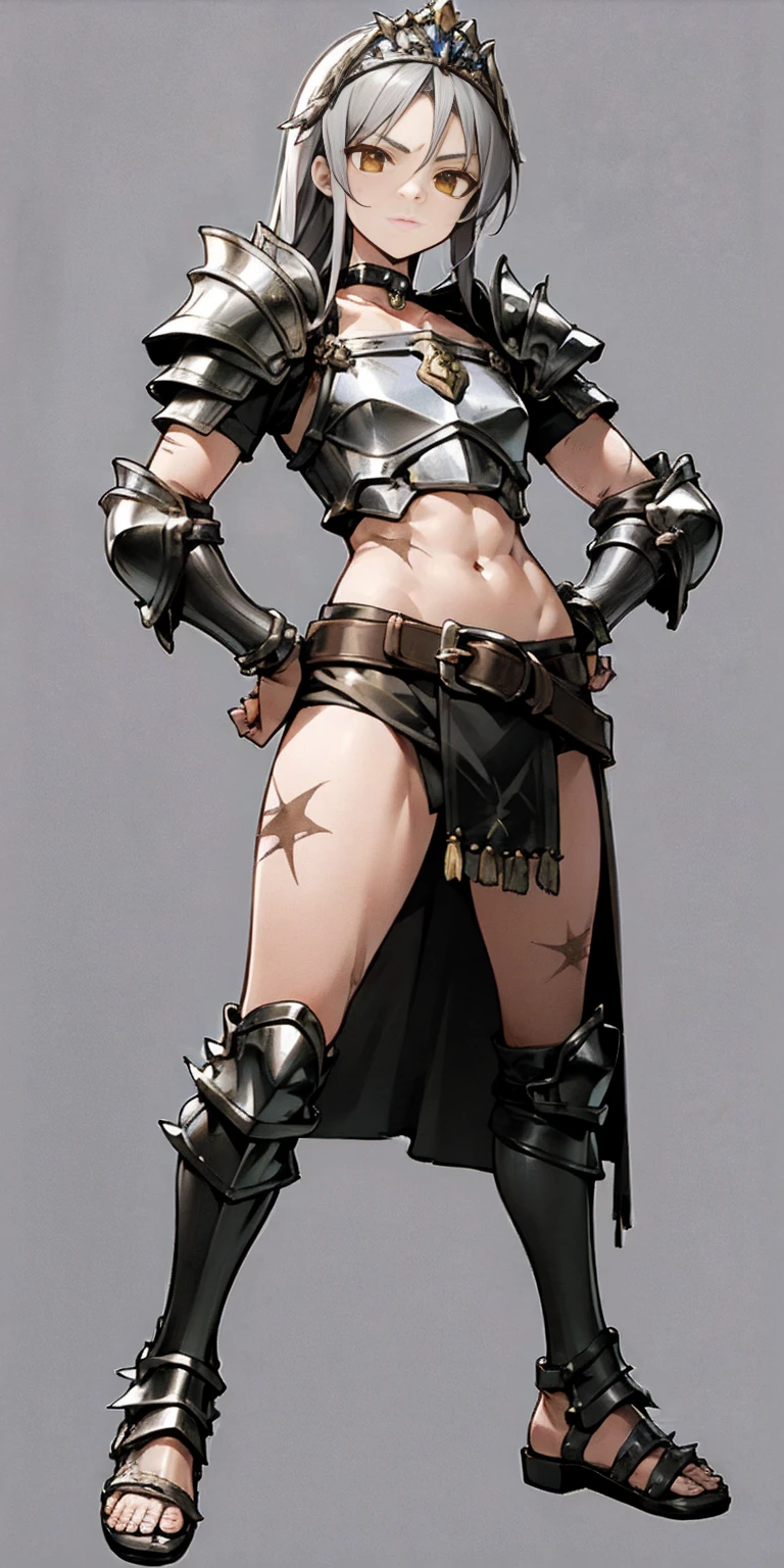 Subject:

1 Solo Female Gladiator
Pose:

Full body, whole body
Standing tall, hands on hips (conveying confidence)
Feet together, conveying a strong stance
View from slightly below, emphasizing her power
Clothing and Armor:

Loincloth (detailed and well-crafted, showcasing her warrior status)
Metal sandals, sturdy and battle-worn
Leather choker, adorned with a gladiator emblem or small spikes (optional)
Big belt, holding additional weapons or pouches (optional)
Bracers on forearms, for protection
Jewelry:

Tiara (can be simple and battle-ready, or adorned with feathers or gladiator symbols)
Additional Details:

Strong, defined muscles
Determined expression on her face
Optional: scars or other battle marks that tell a story of her victories