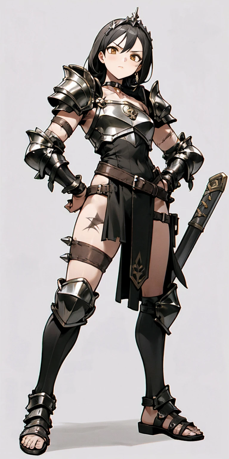 Subject:

1 Solo Female Gladiator
Pose:

Full body, whole body
Standing tall, hands on hips (conveying confidence)
Feet together, conveying a strong stance
View from slightly below, emphasizing her power
Clothing and Armor:

Loincloth (detailed and well-crafted, showcasing her warrior status)
Metal sandals, sturdy and battle-worn
Leather choker, adorned with a gladiator emblem or small spikes (optional)
Big belt, holding additional weapons or pouches (optional)
Bracers on forearms, for protection
Jewelry:

Tiara (can be simple and battle-ready, or adorned with feathers or gladiator symbols)
Additional Details:

Strong, defined muscles
Determined expression on her face
Optional: scars or other battle marks that tell a story of her victories