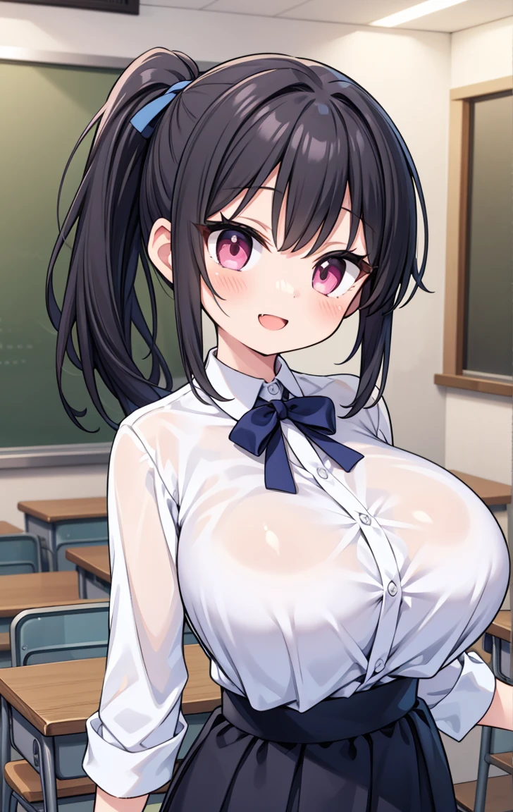 (Pieces fly, Highest quality, High resolution, Ticker, Pixel perfect, Depth of written border, In 4K),
1 Girl, alone, , Beautiful Anime Girls,
View your viewers,
Perfect body,
short hair, Black Hair, Pink Eyes,
smile, Open your mouth, blush,
JK Huge , White shirt, big , Blue Ribbon,
classroom,
throw, Close-up shot, Side Ponytail