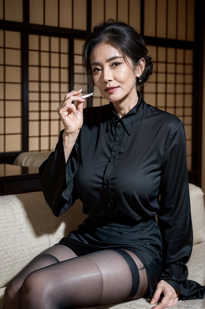 (masterpiece:1.4),(61-year-old woman:1.5),(Facial wrinkles : 1.2),(smirking : 1.1), (Updo : 1.1), (black suit), (black skirt), (black nylon tights : 1.1), Motherhood Mature Woman, (focus on legs : 1), on tatami, traditional japanese room, (smoking : 1.1), (cigarettes on her lips : 1)