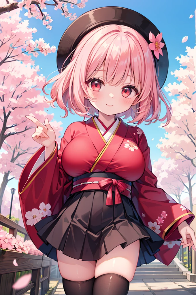 ((Masterpiece)),((high resolution)),((Best Quality)),Anime illustration,(((1girl))),,(wavy hair),(short hair),(pale pink hair color),small ponytail,Red eyes,(Big round eyes),((tareme)),15 years old,((loli face)),((very big breasts)),Short stature,,kimono,mini skirt,smile,Ladylike,cherry blossoms,