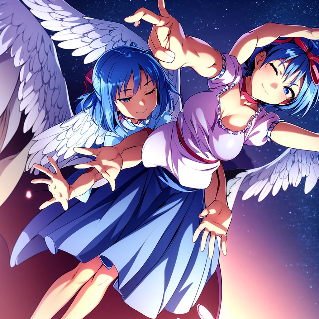 masterpiece, best quality, 1girl, , , 10 years old, medium blue hair, hair flaps, pink ribbon on head, well-formed face, blue eyes, angel girl, white blouse, puffy short sleeves, red ribbon, angel wings, long white skirt, red shoes, frills, ribbon head, from behind, to lift up one’s skirt, cowboy shot, from front, standing , raise one leg, crossed arms, arms up behind, arms behind back, hand between legs, put hands hip, one hand on hip, forward hands, arms raised in the air, punch hands, peace sign, waving, put up index finger, sit, lie down, closed eyes, lie face down, looking back, put one hand chest, leaning forward, cleavage, close up, horizontally outstretched arms, horizontally outstretched legs, front view, front face