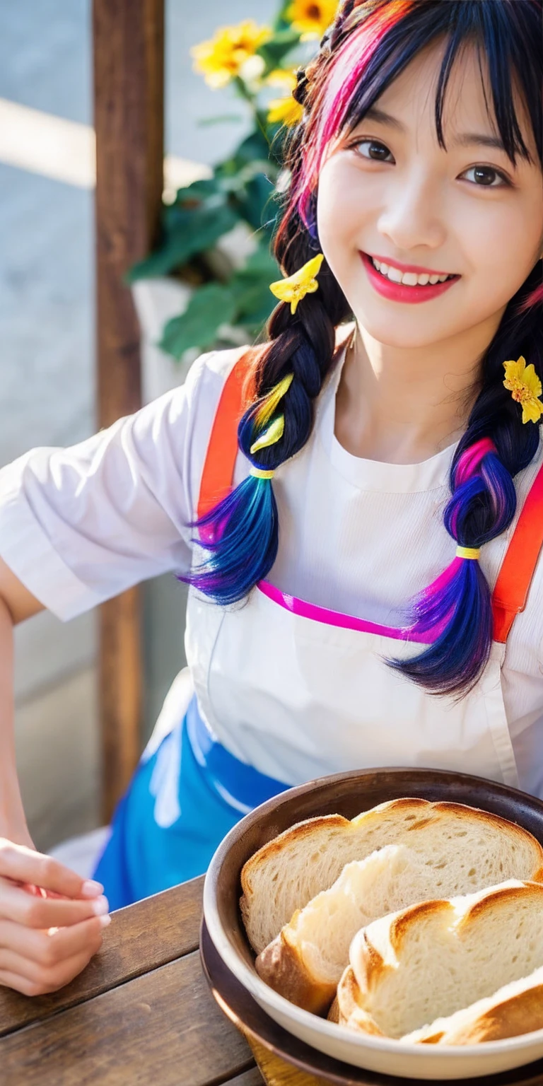Fluid organization:1.6), 本当に野生の髪を持つ一人のbeautiful女の子, (Colorful wavy hair:1.2),( Two long braids:1.2), (Long wild hair:1.2), (Multicolored Hair: 1.9),可愛いsmile
パン屋販売スタッフ、(((Low - Angle:1.4)))、((One hand raised))、((She is wearing a colorful and pop blouse and apron.)),(;have big bread))、(((Spread your legs:1.4)))、,(((beautiful armpits:1.2)))、High resolution、Bakery、16-year-old girl、smile、Finished as in the picture、white and beautiful skin、Focus on small breasts、((beautiful５This finger))、Bakeryの制服を着ています、最high quality、High resolution、Very detailed、masterpiece、Live Shooting:2、Genuine:2、photoGenuineistic:2、very delicate and beautiful、Fine details、Textured skin、Full Shot、、(beautiful face:2)、hot pants、Putting on makeup、Perfectly balanced legs:1.5), Looking at the camera, Angle from above, (((hot pants))), High resolution、未来のBakery、Delicious bread that women will love、Looking at the camera、smile、Finished as in the picture、、(((I have a big loaf of bread)))、(((cute smile)))、((((Eat delicious bread)))))、((I love bread))、(front focus piece:1.3), 
、Cute Apron、Rainbow Apron、Bakeryの制服を着ています、明るすぎるNatural light、Shining sunlight、最high qualityのディテール, Japanese Girls,1 girl, 8K, RAW Photos, 最high quality, Ticker:1.2, Very detailedなRAWカラー写真, Professional photos, (reality, photoGenuineisticです:1.37), (Very detailedな皮膚:1.2), 超High resolutionな, (Lenz 50mm),,絶妙にFine grain,Look at the person watching,Pretty face, Just Mile:1.05),Wide Hips,Straight hair,,Light pink inner color、 white and fine skin、(Very detailedな8K cg:1.2), (hyper Genuineistic:1.35), (photoGenuineisticです:1.45), (reality:1.4), 

(背景はBakery:1.1)、Sexy upward glance, 、Very detailed、masterpiece、最high quality、Ultra-high resolution energy A、8KのHigh resolutionにより、Transparency as shown in the photo、Fine grain、Expression of gradation、Perfect anatomical figure ,hard disk、Ticker (English) 、 Nikon Z9 80mm Lens ,、明るすぎるNatural light、Shining sunlight、、Ultra slim body、Slender model figure、beautiful姿勢、, 最high quality, 8K, RAW Photos, Confused, Award-winning portraits, shy smile, shy smile, , Delicate girl,, Digital SLR, View your viewers, Frank, Sophisticated, Thin arms, Professional Lighting, Film Grain, chromatic aberration, (Fine grainと顔:1.0), Live Shooting、(((A portrait of extreme beauty)))、((Glowing Skin))、1 girl、16 year old beautiful girl from Prague、Bright expression、((Platinum Blonde Hair))、[Big blue eyes that sparkle like jewels]、Shiny skin、silky super long Straight hair、eyeliner、beautiful前髪、Hair around the eyes、最high quality、Very detailed、Film Light、Intricate details、High resolution、Very detailed))、Detailed Background、8KUHD、Digital SLR、Soft Light、high quality、Film Grain、Fujifilm XT3 、Shallow depth of field、Natural light、(((Spread your legs:1.4)))、Pieces fly、High resolution、Bakery、16-year-old girl、smile、Finished as in the picture、white and beautiful skin、Focus on small breasts、最high quality、High resolution、Very detailed、masterpiece、Live Shooting:2、、neon hair clip,masterpiece、最high quality、
One girl,Ives Girl,beautiful照明,(((Anyone can see the D logo.:9)))
