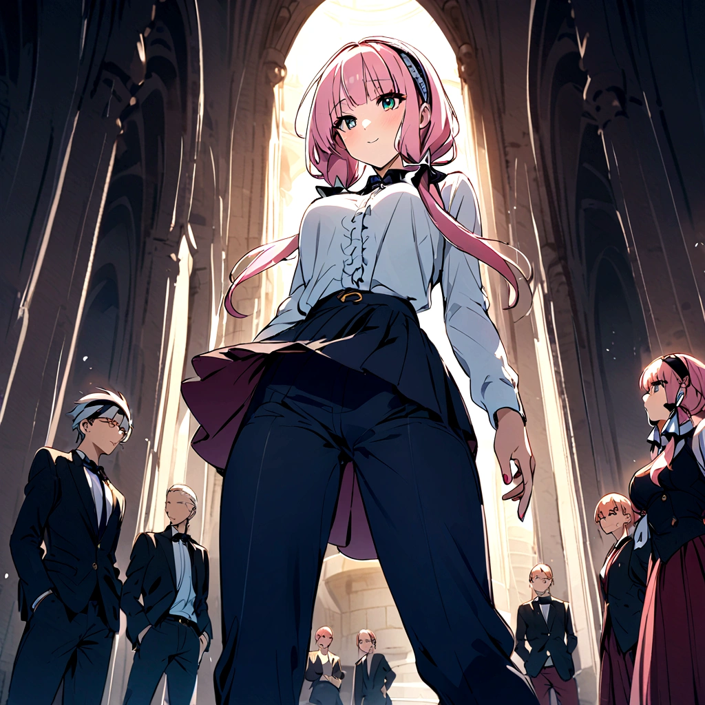 Under the skirt、Pink hair from below、Drill Twin、Headband、Show your pants、Don't wear pants