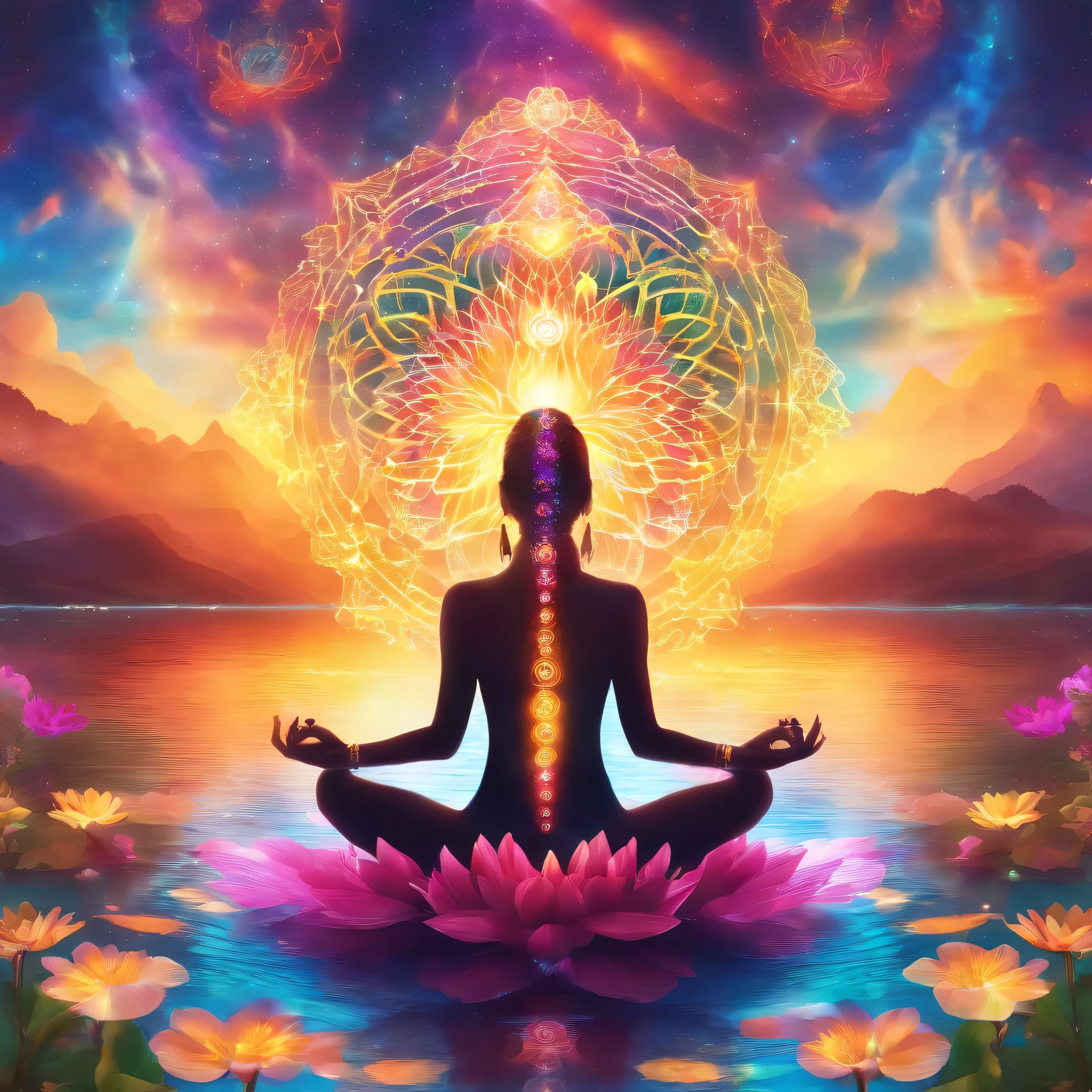Yoga pose spectrum with seven surrounding chakras, Vibrant colors,Colorful colors, Beautiful woman in white sitting on water lily, Complex things around, Intricate background, Spirit, Holy, Like a dream, universe, Shocking, God, Pineal gland, Like a dream, (Extremely detailed CG unity 16k wallpaper:1.1), (Denoising Strength: 1.45), (masterpiece:1.37), Surrealism, God rays, Ray Tracing, Ultra HD, The award-winning