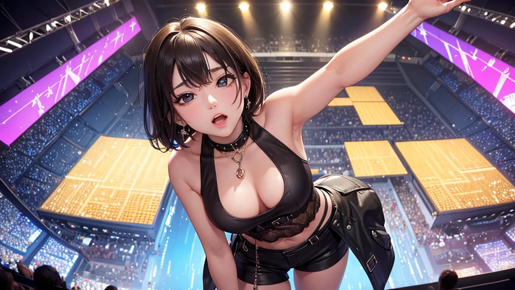 masterpiece, Highest quality, View Viewer, look up, From above, Kiss the viewer, night, Concert Venues, , Exposing shoulders, Open your mouth,Rapper,microphone,Low-rise string shorts,short hair,One person,sing,Singing passionately, Finger3Honsan