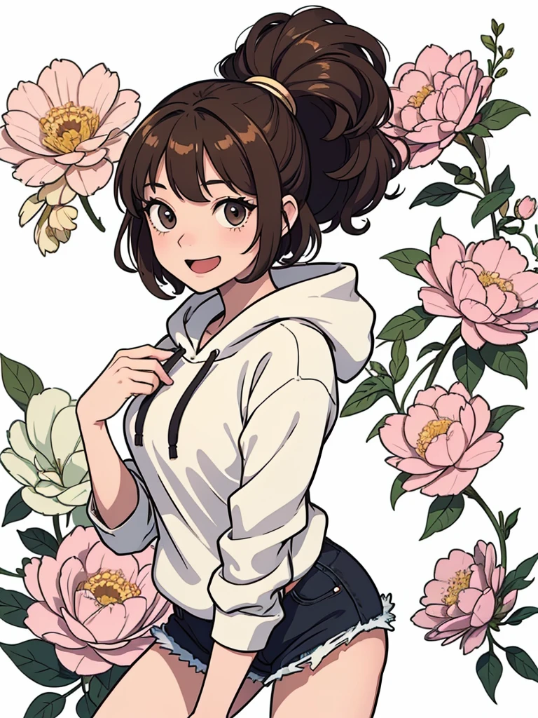 (((masterpiece, best quality, ultra highres, 1 girl, solo, no background))), super detailed skin and face and eyes and finger, beautiful japanese woman, small breasts:1.5, skinny, light brown hair, white background, very short curly pixie hair, (an illustration of girl), Knee shot, Generate with illustrations, Various expressions, Various poses, Please draw the entire character within the frame, ensuring that the head, arms, and legs are not cut off. The background should be simple, with the character positioned centrally, outline, anime, hoodie, laugh,