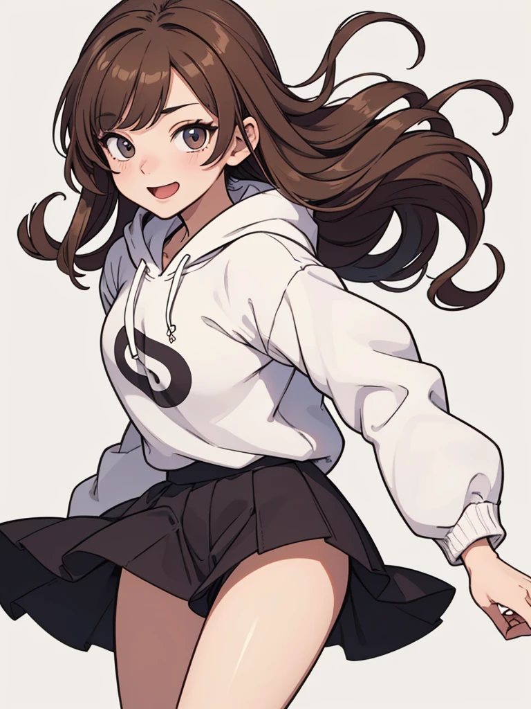 (((masterpiece, best quality, ultra highres, 1 girl, solo, no background))), super detailed skin and face and eyes and finger, beautiful japanese woman, small breasts:1.5, skinny, light brown hair, white background, very short curly pixie hair, (an illustration of girl), Knee shot, Generate with illustrations, Various expressions, Various poses, Please draw the entire character within the frame, ensuring that the head, arms, and legs are not cut off. The background should be simple, with the character positioned centrally, outline, anime, hoodie, laugh,