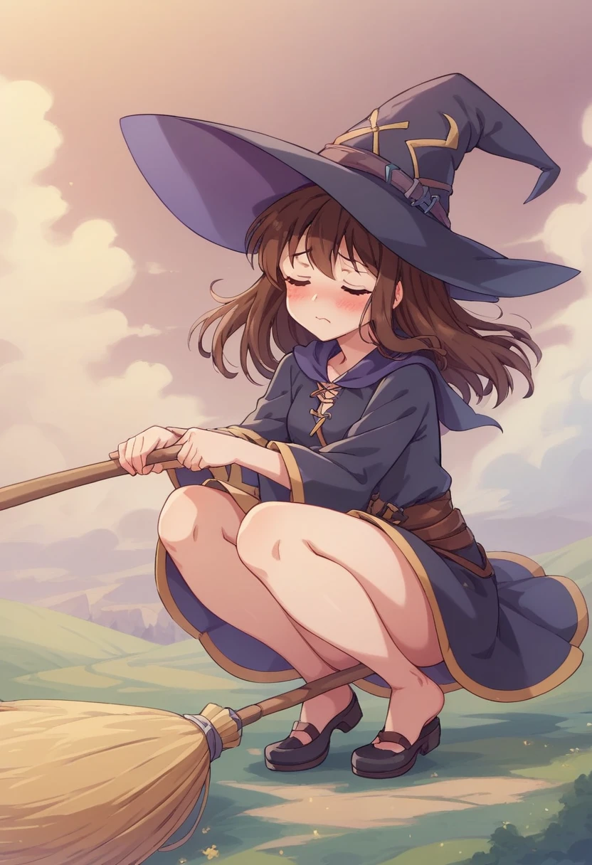 ((((空を飛ぶwitch))),((Ride a broom)),(Straddling a broom),Fantasy,Beautiful light and shadow,Anatomically correct,masterpiece,Highest quality,最高masterpiece,8K,Use of magic,witch:witchの帽子:witchの衣装:Familiar,Wind,Fantasy,wonderful,An illustration,Digital Art,wonderful,wonderful,カラーAn illustration,Rich colors,(Blushing),(Eyes closed),(Mouth closed),(Holding the end of the broom tightly with both hands),(slightly squatting),(Both feet are on the ground),(Both feet are wearing shoes),（ One broom handle、The broom handle is connected）,(The tips of the broom face backwards)