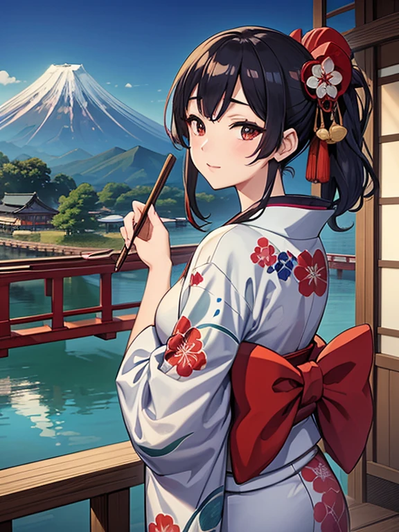 (Highest quality、masterpiece、High resolution、8K)、Colorful、Ukiyo-e、Utamaro、Kimono Beauty、Looking back、bridge、river、Mount Fuji in the distance、Official Art、