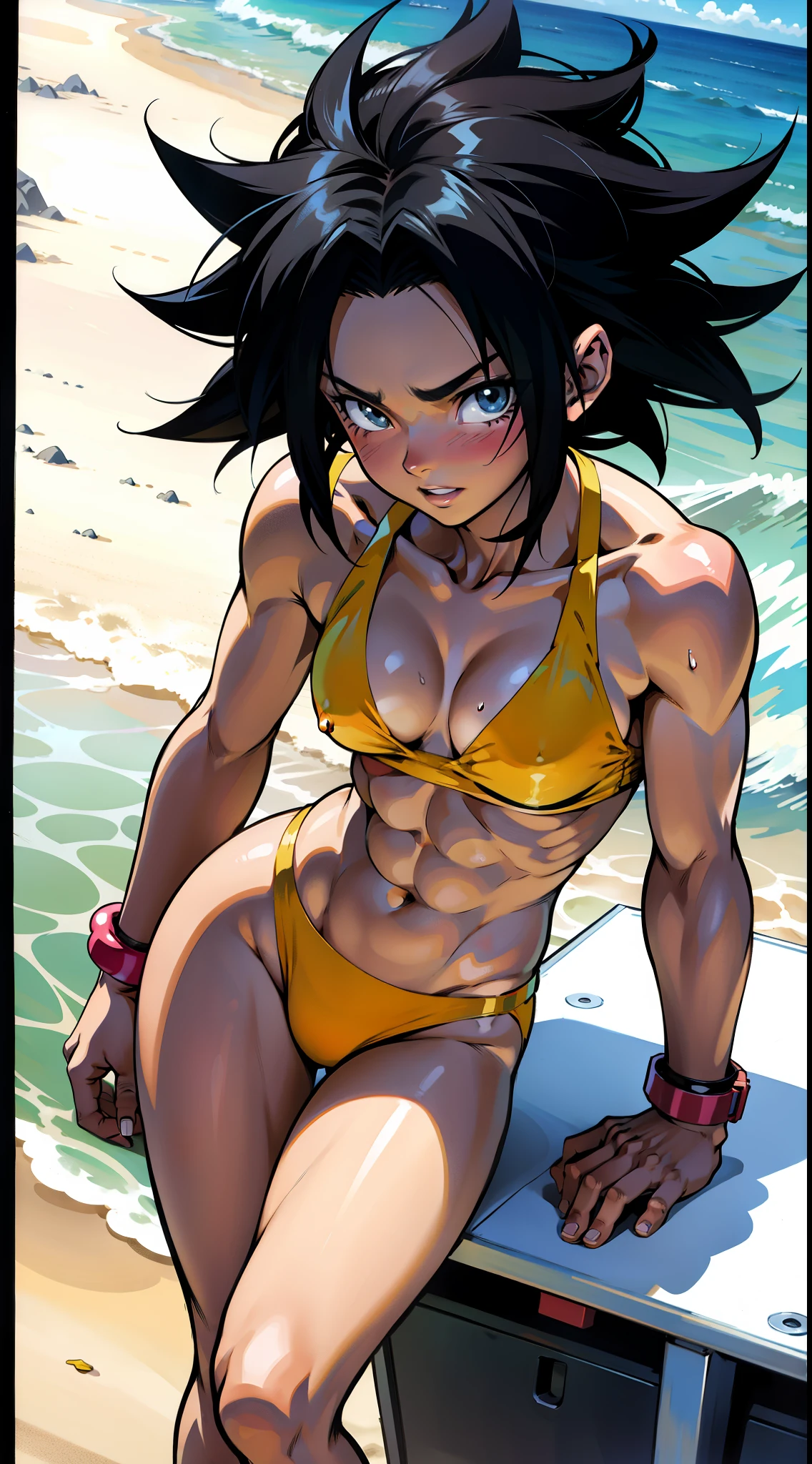 アニメ cel-shading Kefla, bikini, on the beach in ((anime + manga + comics + cartoon) style)