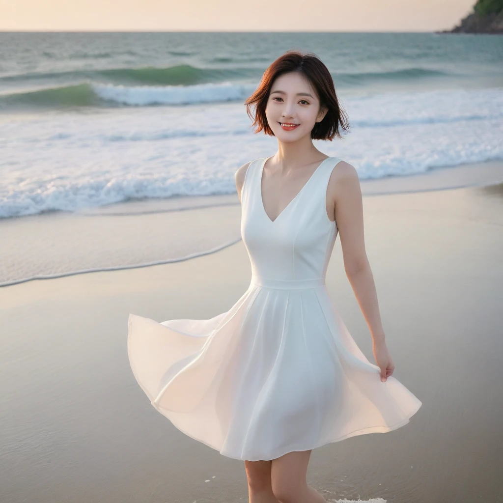 sunset red sun on the beach，A strong afterglow is reflected in the sea., Beautiful 36 year old short Korean woman, Chest size 34 inches, Wear sleeveless, light skirt. beautiful pretty woman look , wearing a light skirt , Go far into the sea water and dip your toes., Short medium hair blowing in the wind, 1 woman, beautiful eyes, a little smile, Full body photo from a distance with a wide angle lens, The background is clear and perfect, Strong waves come crashing in