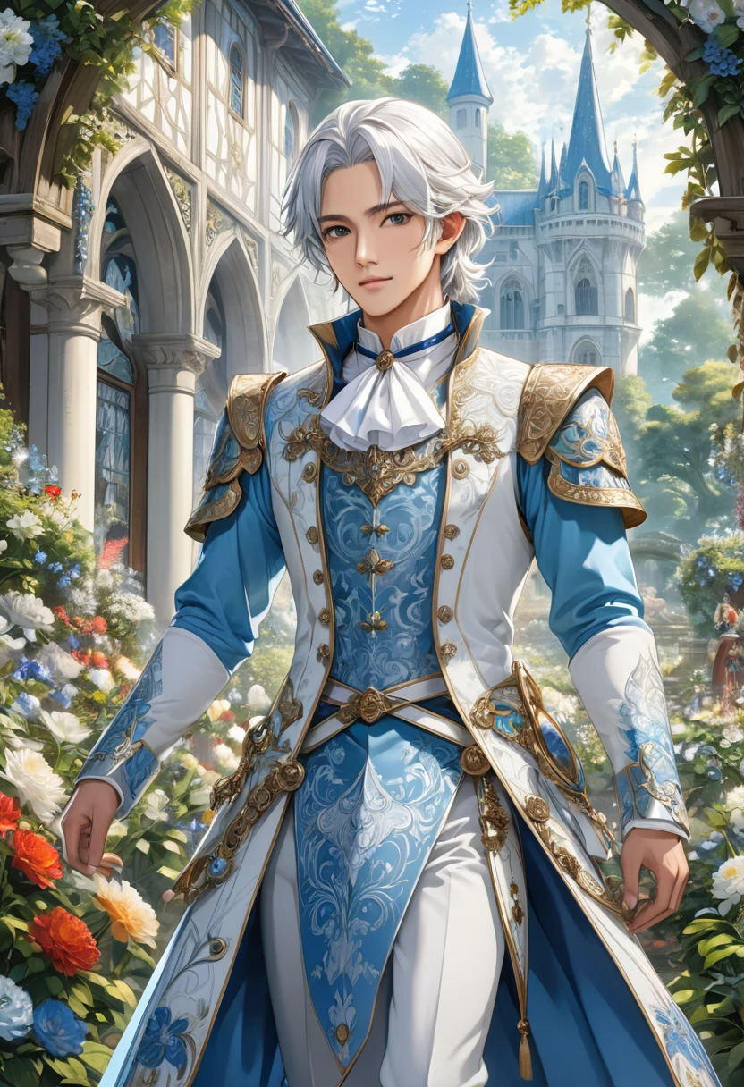Looking at the audience Full-length portrait Frontal standing Full-length portrait((correct anatomy) )A male version of a handsome handsome boy with a Korean face wearing a medieval costume with long white hair looking at the audience., Anime eyes, Handsome handsome man standing in detailed outdoor garden reserve scenery, Grimm's fairy tale male version character with medium long white hair, white collar day romance ((perfect face))
Intricate details detailed characters high resolution, Super detailed masterpiece, Intricate details royal, elegant, Noble and elegant light blue and white holographic clothing with white collar, light blue decoration,official art, Impressive.Full body portraits, ultra-detailed animation art, perfect compositions, intricate details, meticulous digital art