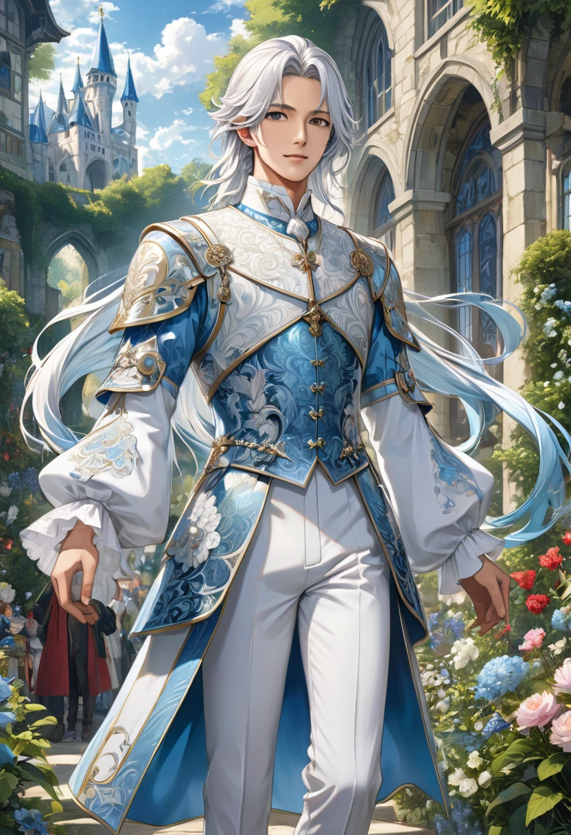      Looking at the audience Full-length portrait Frontal standing Full-length portrait((correct anatomy) )A male version of a handsome handsome boy with a Korean face wearing a medieval costume with long white hair looking at the audience., Anime eyes, Handsome handsome man standing in detailed outdoor garden reserve scenery, Grimm&#39;s fairy tale male version character with medium long white hair, white collar day romance ((perfect face))

             Intricate details detailed characters high resolution, Super detailed masterpiece, Intricate details royal, elegant, Noble and elegant light blue and white holographic clothing with white collar, light blue decoration,official art, Impressive.Full body portraits, ultra-detailed animation art, perfect compositions, intricate details, meticulous digital art