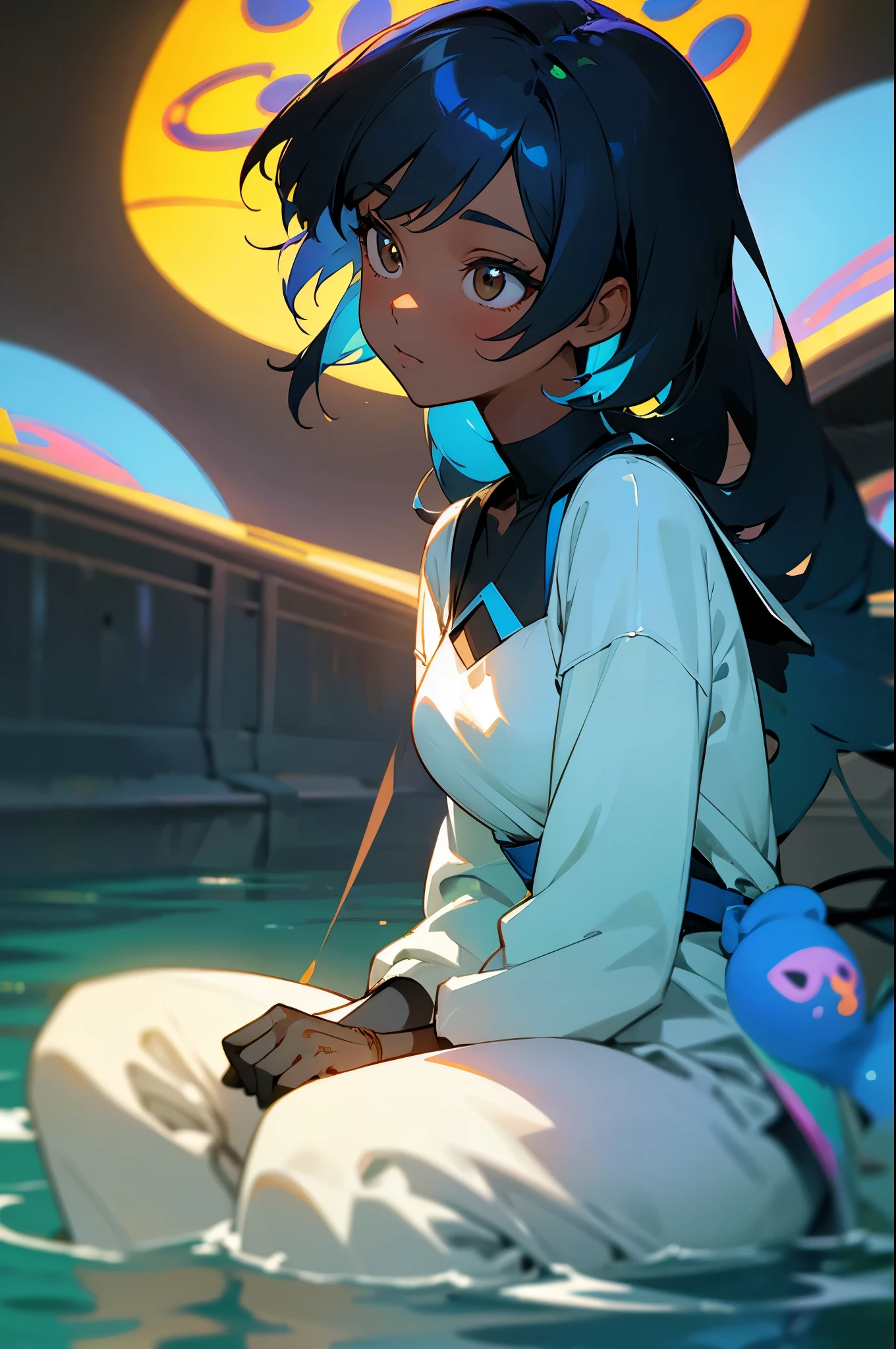 Pretty woman with dark skin sitting on a hillside,(((sitting by water))), soft should length hair, ebony nose and dark brown eyes, african american, wearing black gloves, she is calm in a playful scenery, blue lanterns floating in the water nearby, illuminating her hair, water has a blue florescent glow, clearly defined features, funkypop, cyberdelic, grunge, hyperrealistic black anime, lofi art, luminism, medium shot, attention to details, depth of field, chemiluminescence in her hair, soft background lens flare, flourescent light in her hair, character design, atey ghailan, basquiat, colorful_frequencies, electric colors, iridescent, dynamic pose, nouveau realisme, city background,
