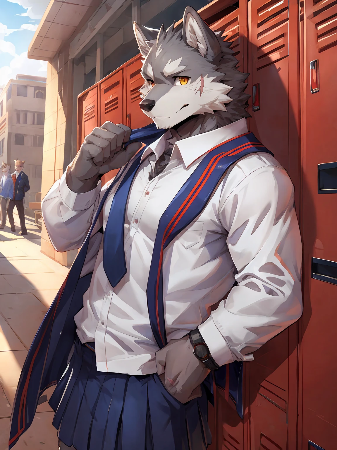 embedding:Gray wolf,Golden Eyes,Single Person,a scar on the face.Gray fur,High school students,Chinese school uniform,Scratch head,Standing by the school locker,Nervous,With his school uniform jacket in his hand,Male.Handsome,Smart,Best quality hands, best quality eye,detailed fur,Delicate eyes.Extreme picture quality,by sollyz,by zixiong,by null_ghost