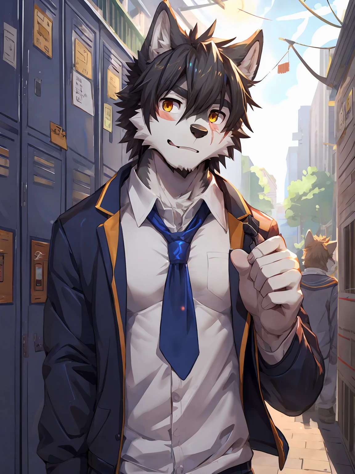 embedding:Gray wolf,Golden Eyes，Single Person,a scar on the face.Gray fur，High school students，Chinese school uniform,Scratch head,Standing by the school locker,Nervous,With his school uniform jacket in his hand,Male.Handsome,Smart,Best quality hands, best quality eye，detailed fur，Delicate eyes.Extreme picture quality，by sollyz,by zixiong,by null_ghost